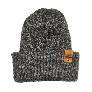 Gray knit beanie with a brown leather patch on a white background